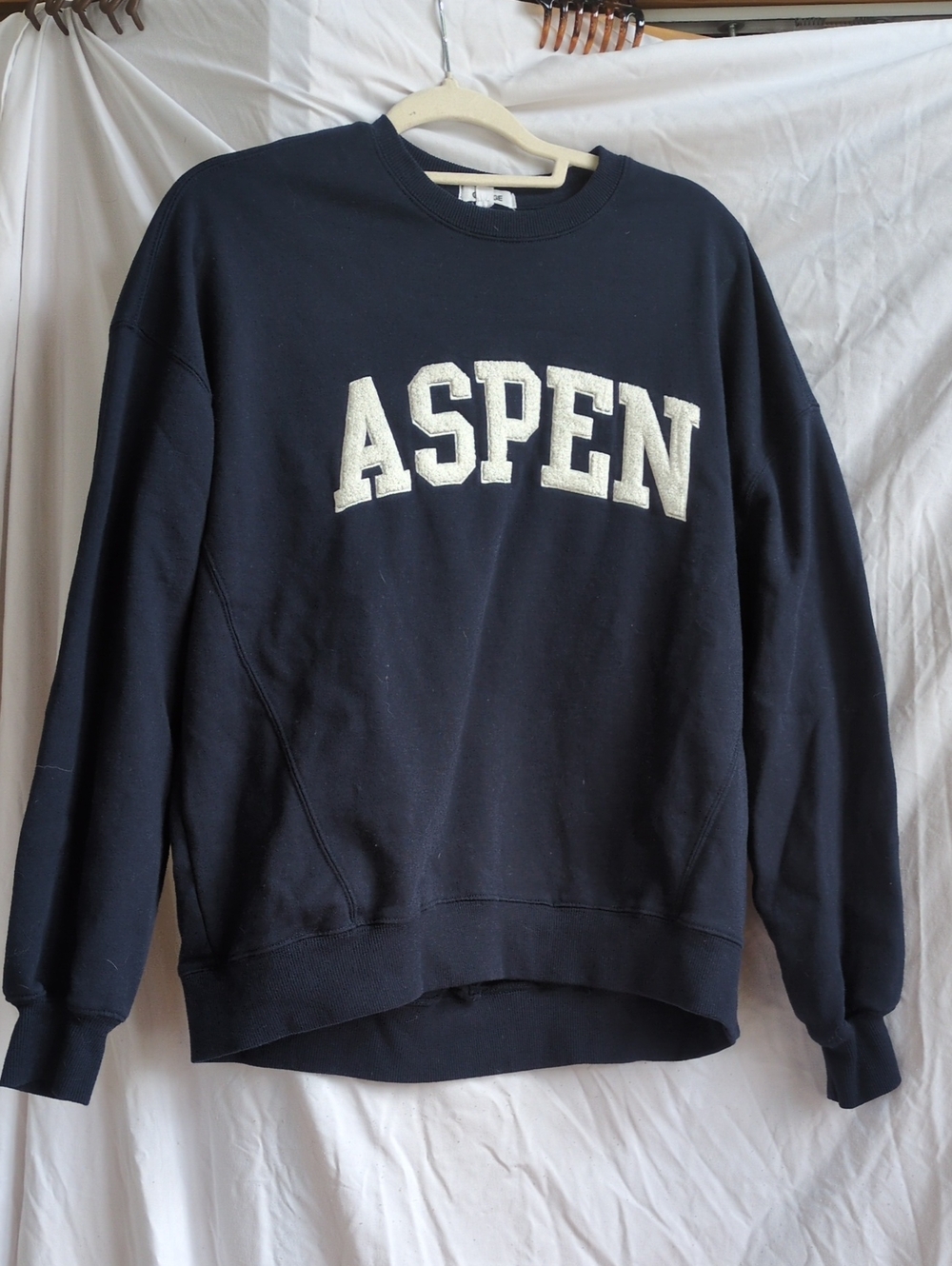 White Chenille 'ASPEN' On Navy Blue Crewneck